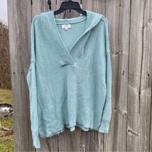 Aerie M Oversized Sea-foam Green Knit Henley Hooded Sweater